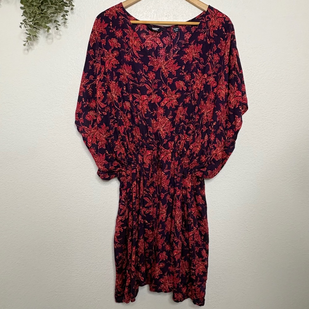 Lands End Floral Swim Cover Up Dress XL-XXL Navy Red Modal V-Neck Kaftan Style - Picture 2 of 7
